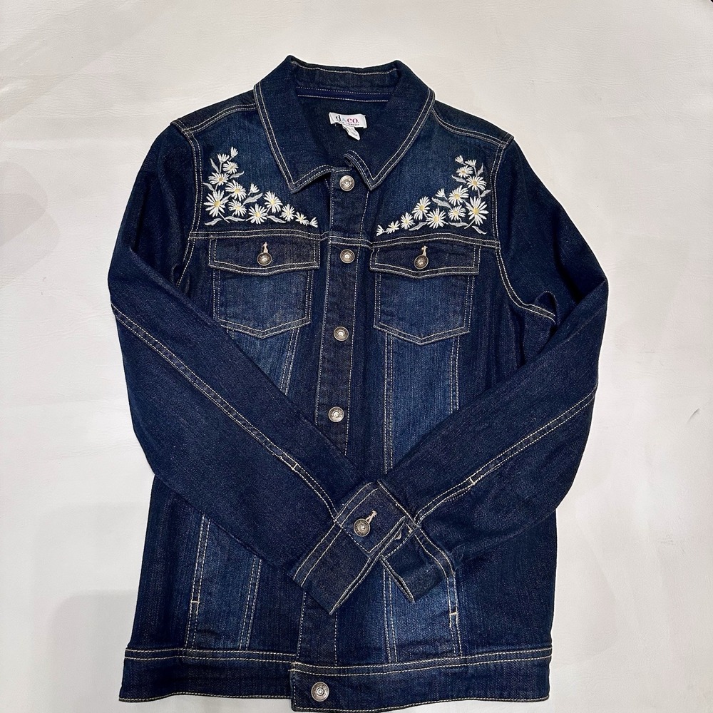 Denim & Co. Denim Stretch Jacket w/embroidered flowers - size L